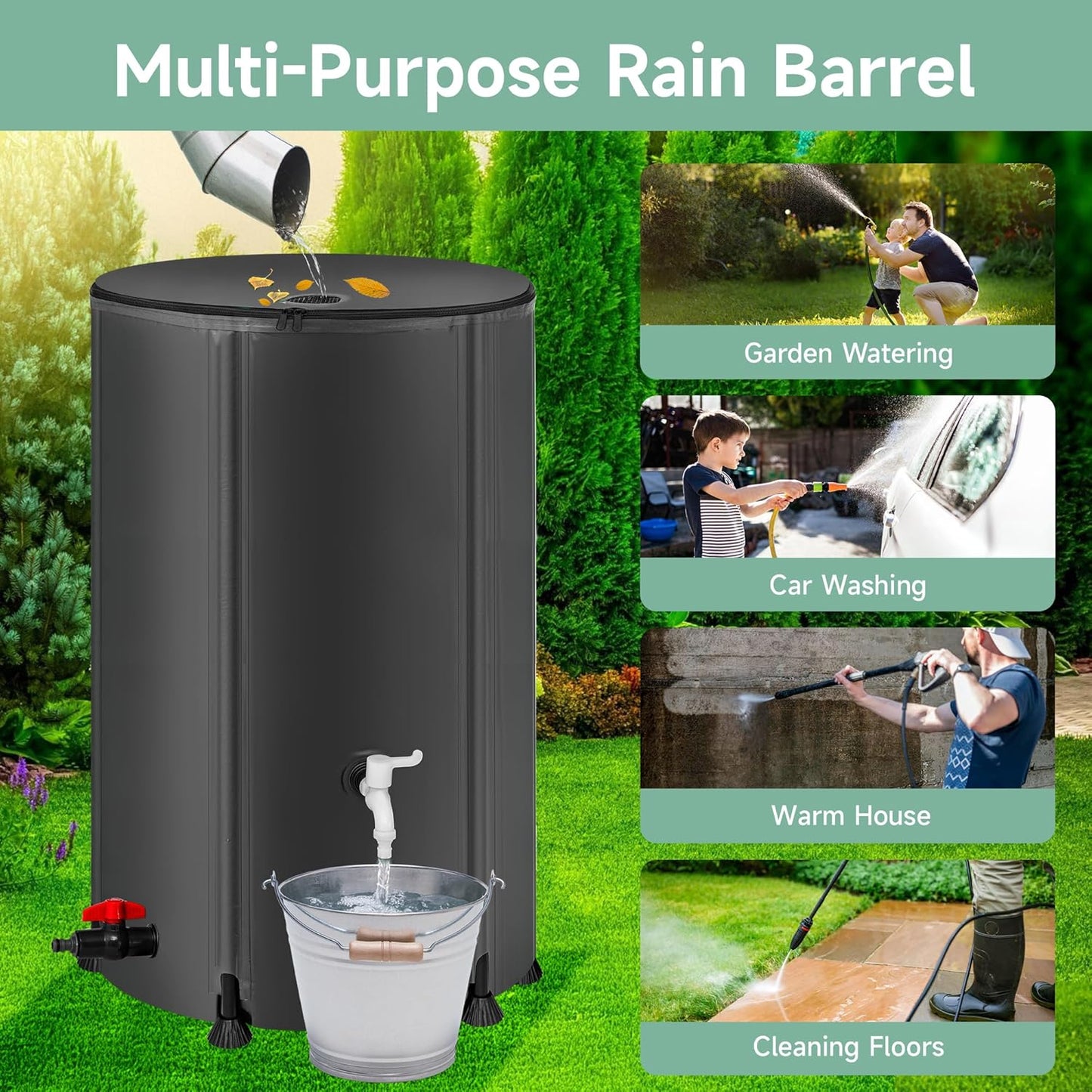 Collapsible Rain Barrel Water Storage Containers-100 Gallon Portable Rainwater Collect System Water Tank to Collect Rainwater from Gutter Downspout Water Catcher with Spigots,Filter&Overflow Kits