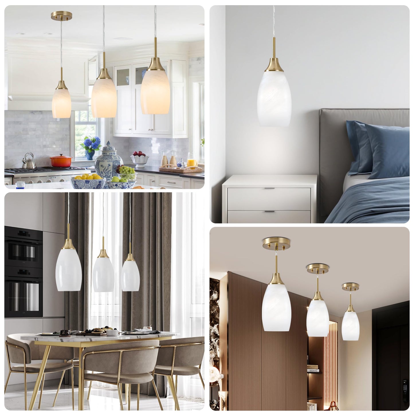 Viinew Mini Glass Pendant Light 3-Pack Art Glass Oval Chandelier Brushed Gold Finish 4.72in for Kitchen Dining Foyer Hallway