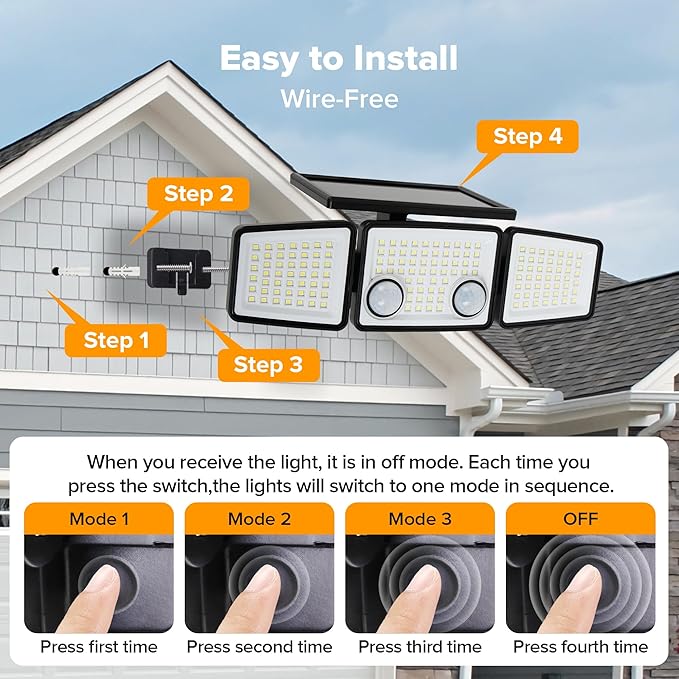 UME Solar Outdoor Lights 3000 Lumen 7000K, 152 LED Super Bright Motion Sensor Outdoor Lights with 2 Sensors, IP65 Waterproof 270 Wide Angle Solar Flood Lights with 3 Modes for Garden - 4 Pack