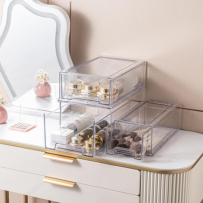 2 Pack Stackable Pull-Out Storage Drawers,Plastic Clear Organizer Bins with Handles,Easily Clean for Craft, and Toy Organization,Kitchen Undersink,Cabinet,Fridge,Closet,Pantry,Office,Bathroom