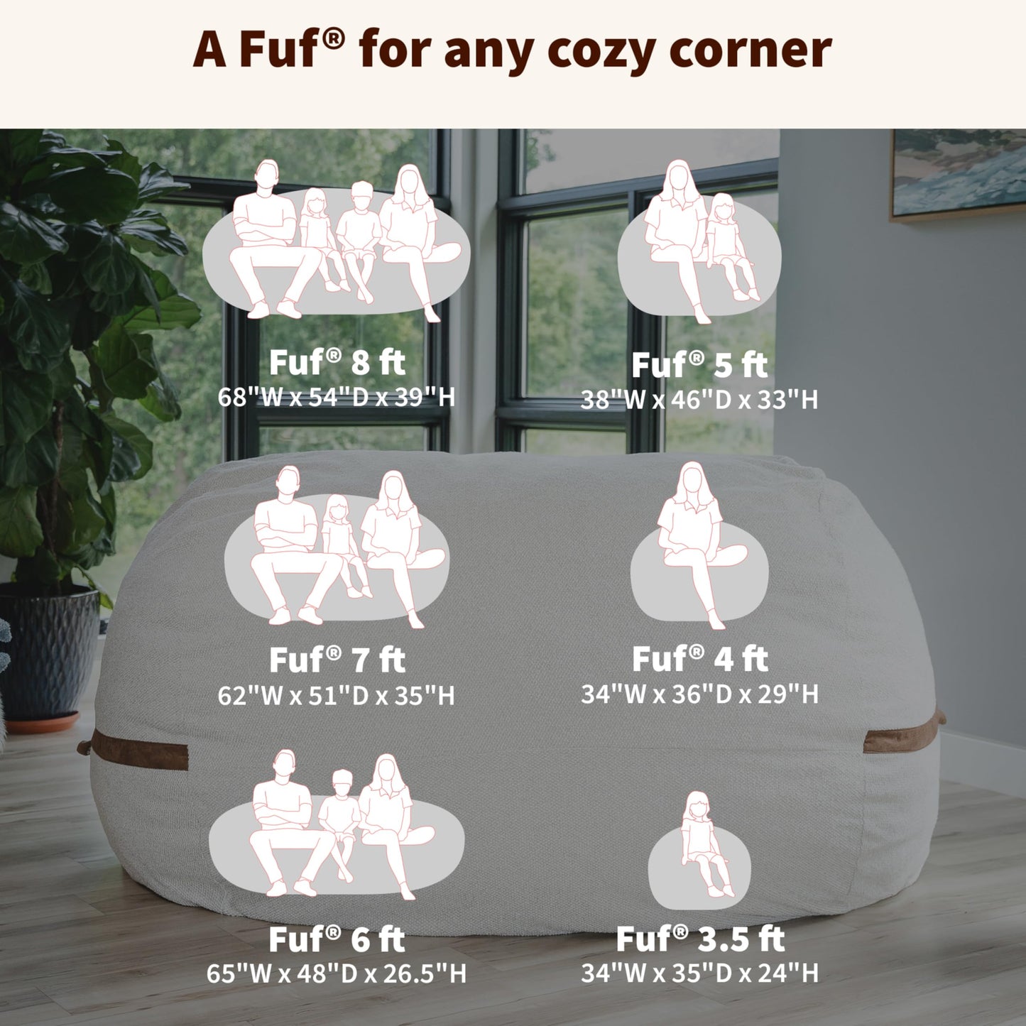 Big Joe Fuf 8Ft Giant Foam Bean Bag Chair, Oversized Couch with Removable Cover for Kids, Teens, Adults, Coffee Soft Vegan Leather, 8 Foot
