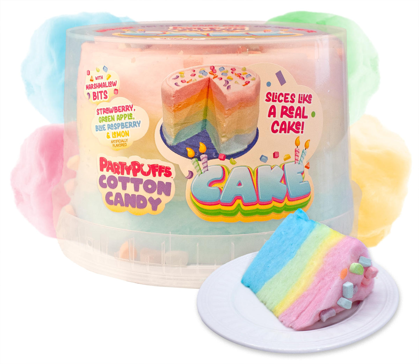 PartyPuffs Cotton Candy Cake - 4 Servings - Sliceable Celebration Cake With Strawberry Blue Raspberry Lemon & Green Apple Flavors - Fun Party Dessert With Crunchy Marshmallow Bits - Gluten-Free Treat & Made in USA - 4oz
