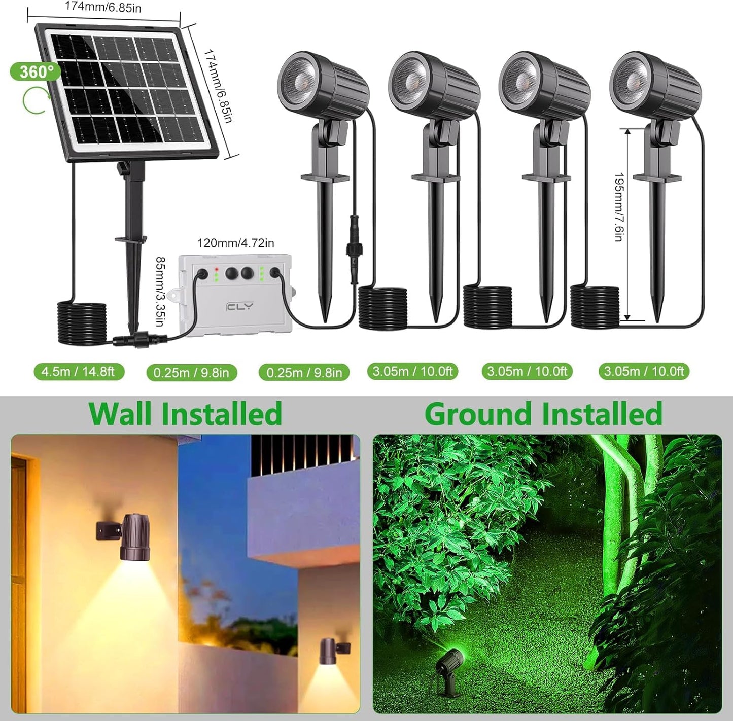 Cly 4-In-1 Solar Spot Lights Outdoor Color Changing Solar Landscape Spotlights Rgb Lighting Ip66 Waterproof 45.93Ft Cable Auto On/Off Adjustable Garden Spotlight For Yard Garden Pool Lawn Statue