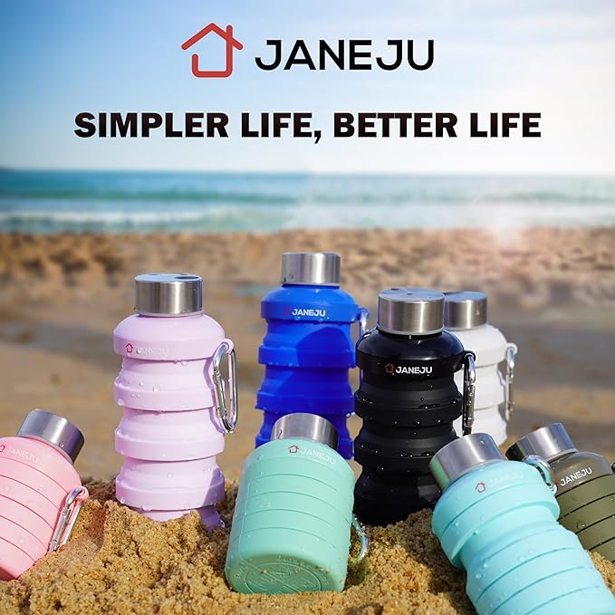 JaneJu Collapsible Water Bottle, 17oz BPA Free Silicone Reusable Portable Lightweight Foldable Water Bottles with Carabiner, Portable Leak Proof Sports Water Bottle (Purple)