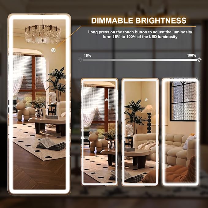 Full Length Mirror - 16" x 60" Mirror Full Length with LED Lights Adjustable Screen Brightness, Wall Mounted or Freestanding, Full Body Mirrors for Bedroom, Living Room, Cloakroom,Salon