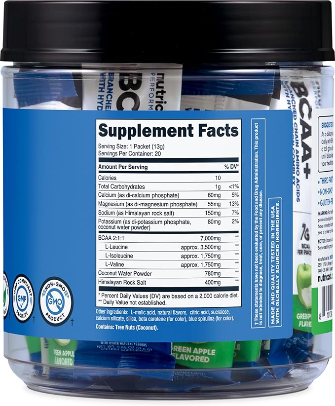 Nutricost BCAA+ Hydration Green Apple Flavored (20 Stickpacks) - Branched Chain Amino Acids with Hydration Complex - Gluten-Free, Non-GMO