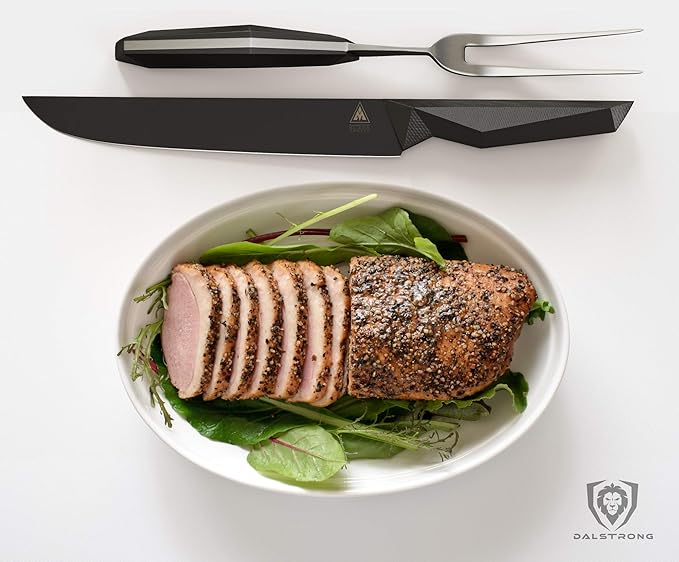 Dalstrong Carving Knife & Fork Set - 9" Blade - Shadow Black Series - Black Titanium Nitride Coated - High Carbon - 7CR17MOV-X Vacuum Treated Steel - Carving Set - BBQ Knife - Sheath - NSF Certified