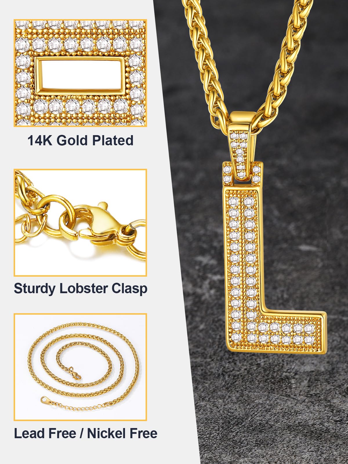 U7 Men Womens Bling Initial Necklace 18K Gold Plated Chain Full CZ Bling Hip Hop Costume Jewelry Capital Letter L Pendant