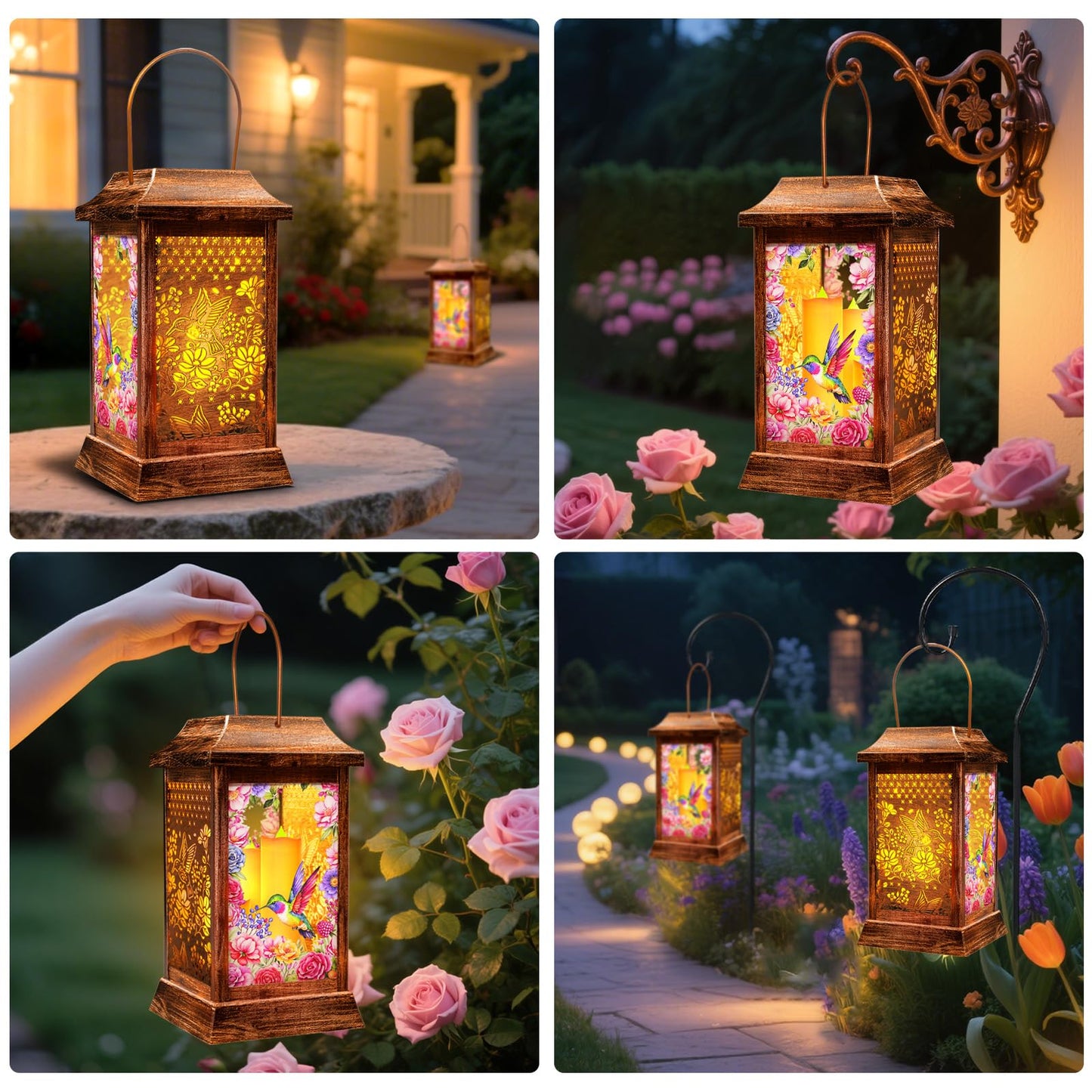 Hummingbird Solar Lanterns Outdoor Hanging Lanterns Metal Glass Garden Decor Solar Lights Gifts For Women Mom Birthday Grandma Mothers Day Waterproof Decorative Lantern For Outside Patio Yard