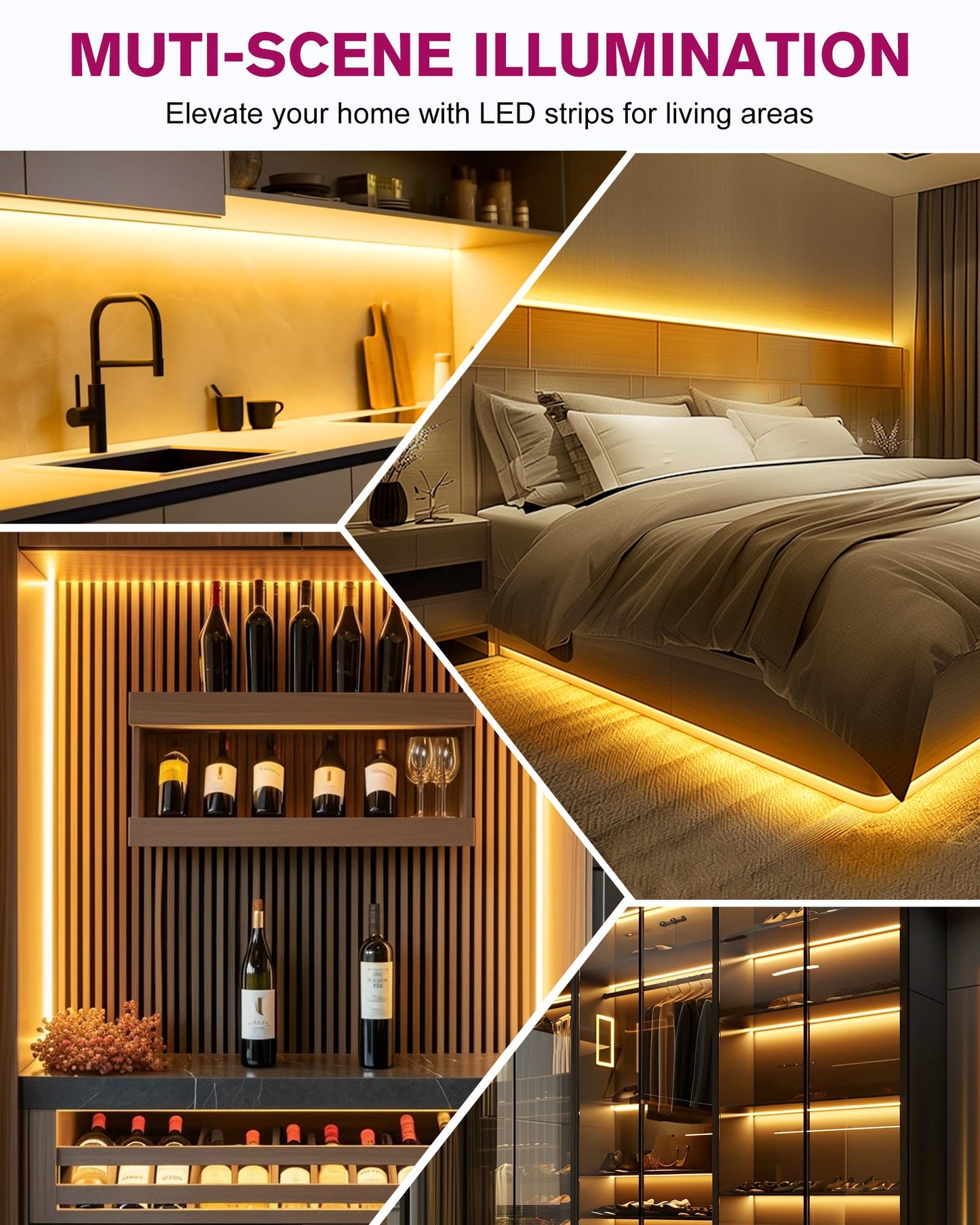 Emitever Led Strip Lights Kit Warm White With Remote & 24V Power Supply 16.4Ft Dimmable Tape Light 2700K High Density 600Leds 240+Lm/Ft Cri95+ Suitable For Bedroom Kitchen Under Cabinet Lighting