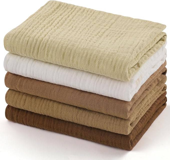 MUKIN Baby Washcloths,Muslin Burp Cloths Towels for Newborns,Absorbent Cotton Bath Face Towel ,5 Pack, 12x12 Inches (Amber Glow)