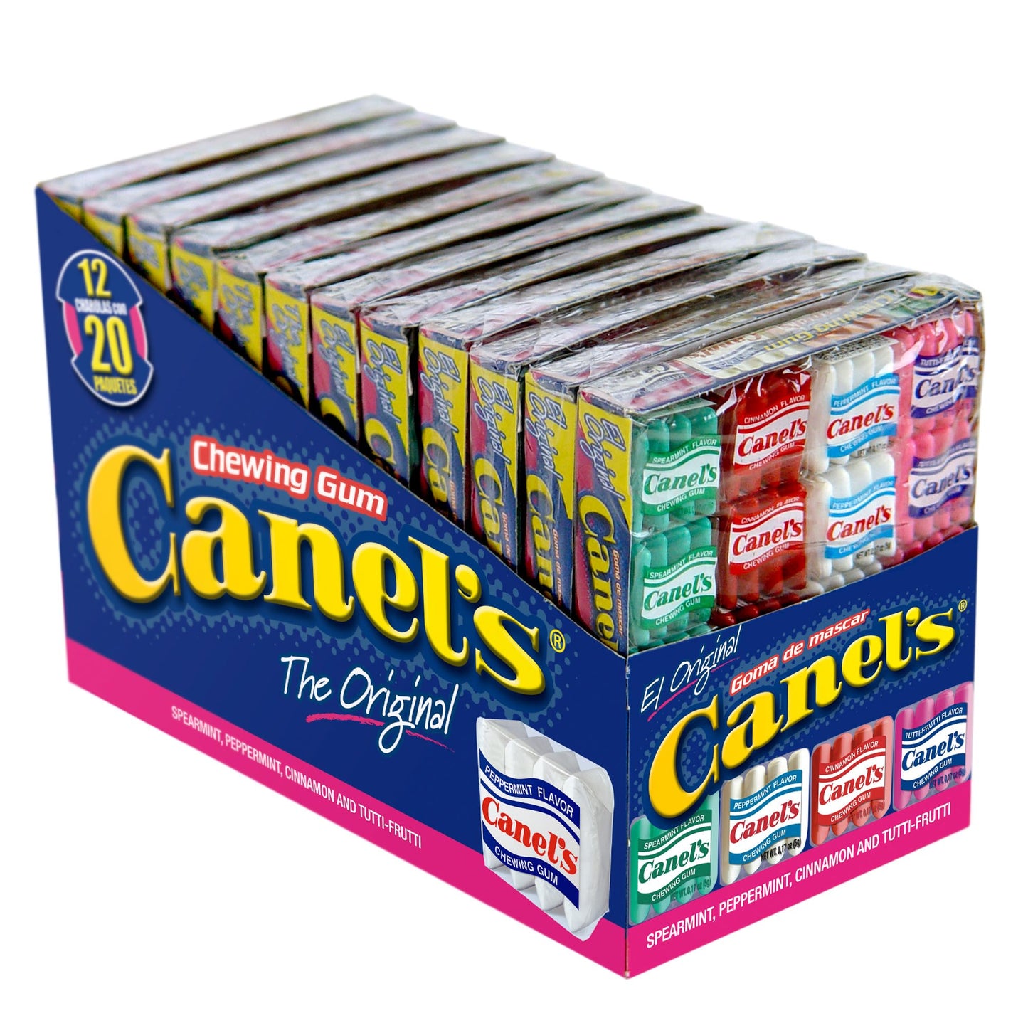 Canels 4-Piece Gum Pack Display in Original Flavors - Peppermint Spearmint Cinnamon Fruit Blueberry Violet and Menthol 240 Count