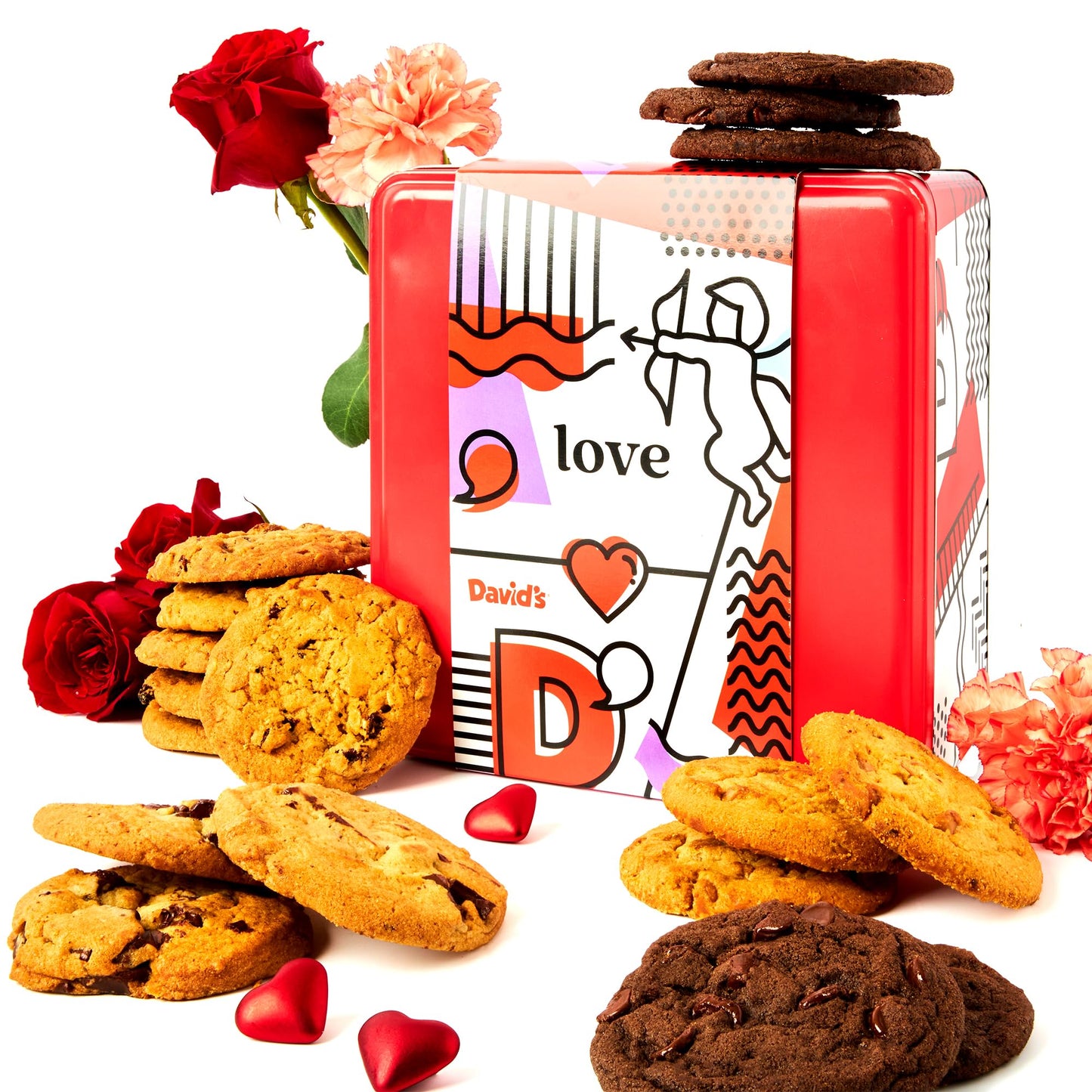 Davids Cookies Gift Basket 1lb - Deliciously Handmade Assorted Fresh Baked Cookies in Love-Themed Gift Tin - enhanced Gourmet Cookie Food Gift Basket For Her Him And Family
