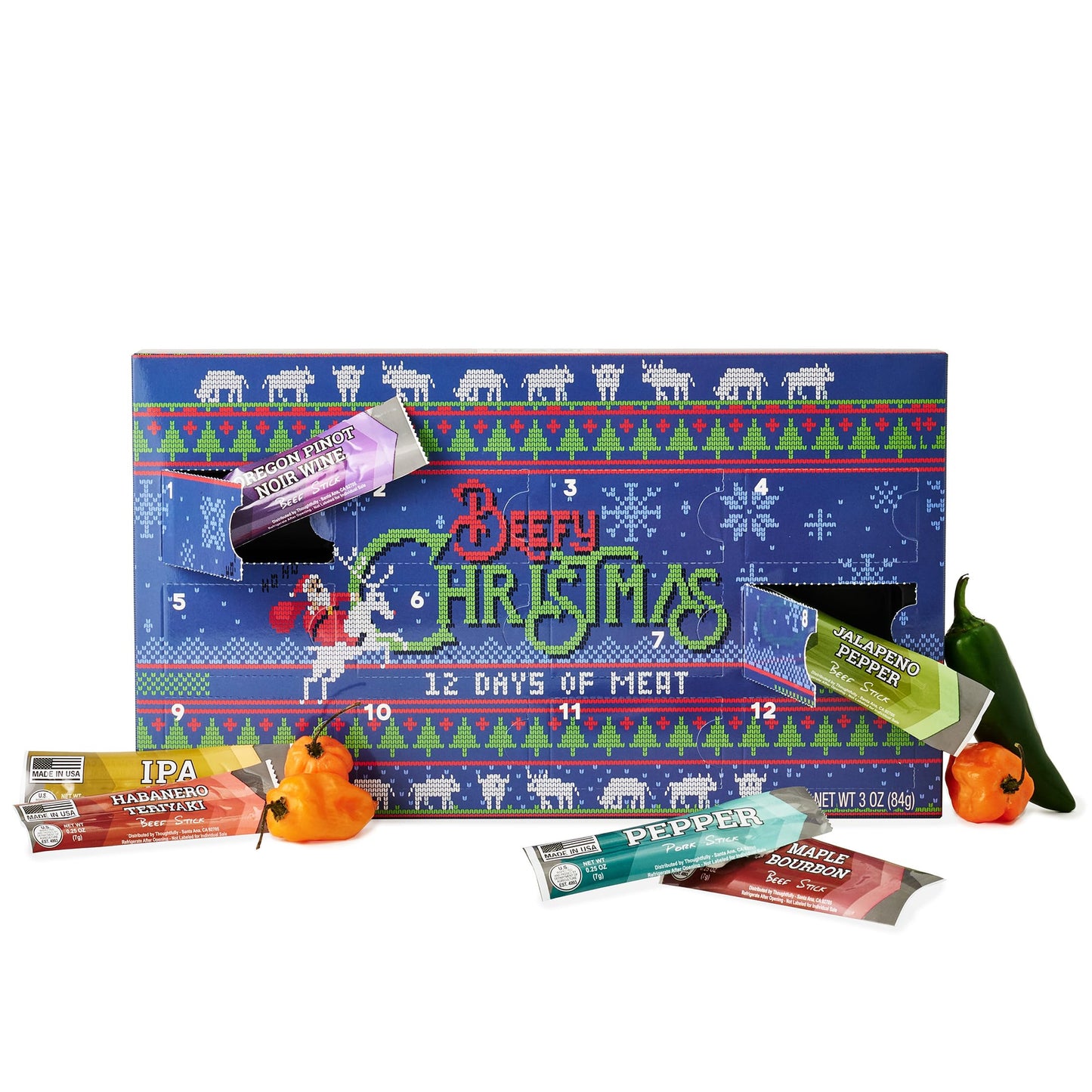 Man Crates 12 Days of Jerky Advent Calendar 2025 Featuring Ugly Christmas Sweater Artwork - Includes 12 Delicious Bites of Beef Jerky - Festive Flavors Like Habanero Maple spirit-inspired flavor & More