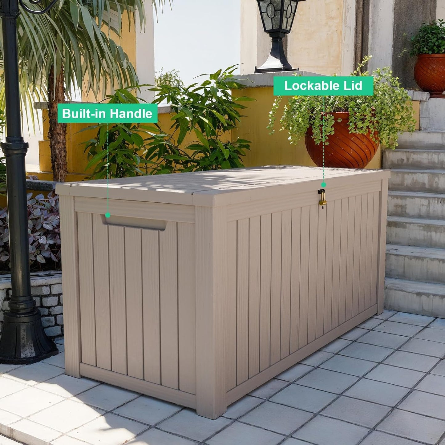 DRATO 180 Gallon Deck Box, Waterproof Resin Large Outdoor Storgae Box for Patio Furniture, Patio Cushions, Gardening Tools, Pool and Sports Supplies, Lockable