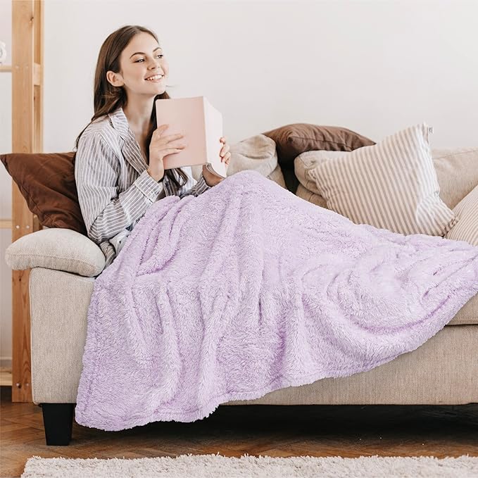 PAVILIA Sherpa Throw Blanket for Couch Sofa, Light Purple Lavender Fluffy Warm Plush Blanket for Bed, Cozy Super Soft Lightweight Throw, Fuzzy Decorative Blanket, All Season Home, 50x60