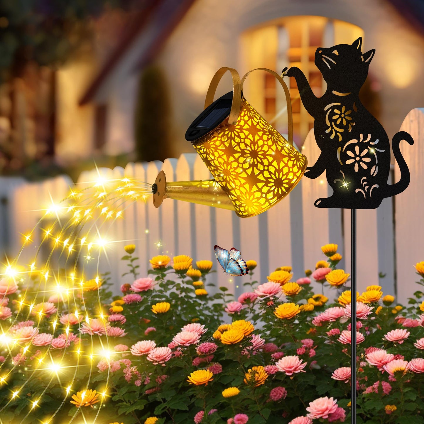 Solar Lights Outdoor Decorative Watering Can With Cascading Lights With Cat Silhouette Garden Stakes Waterproof Metal Garden Decor For Yard Art Outside Patio Lawn Ornaments 2Pack