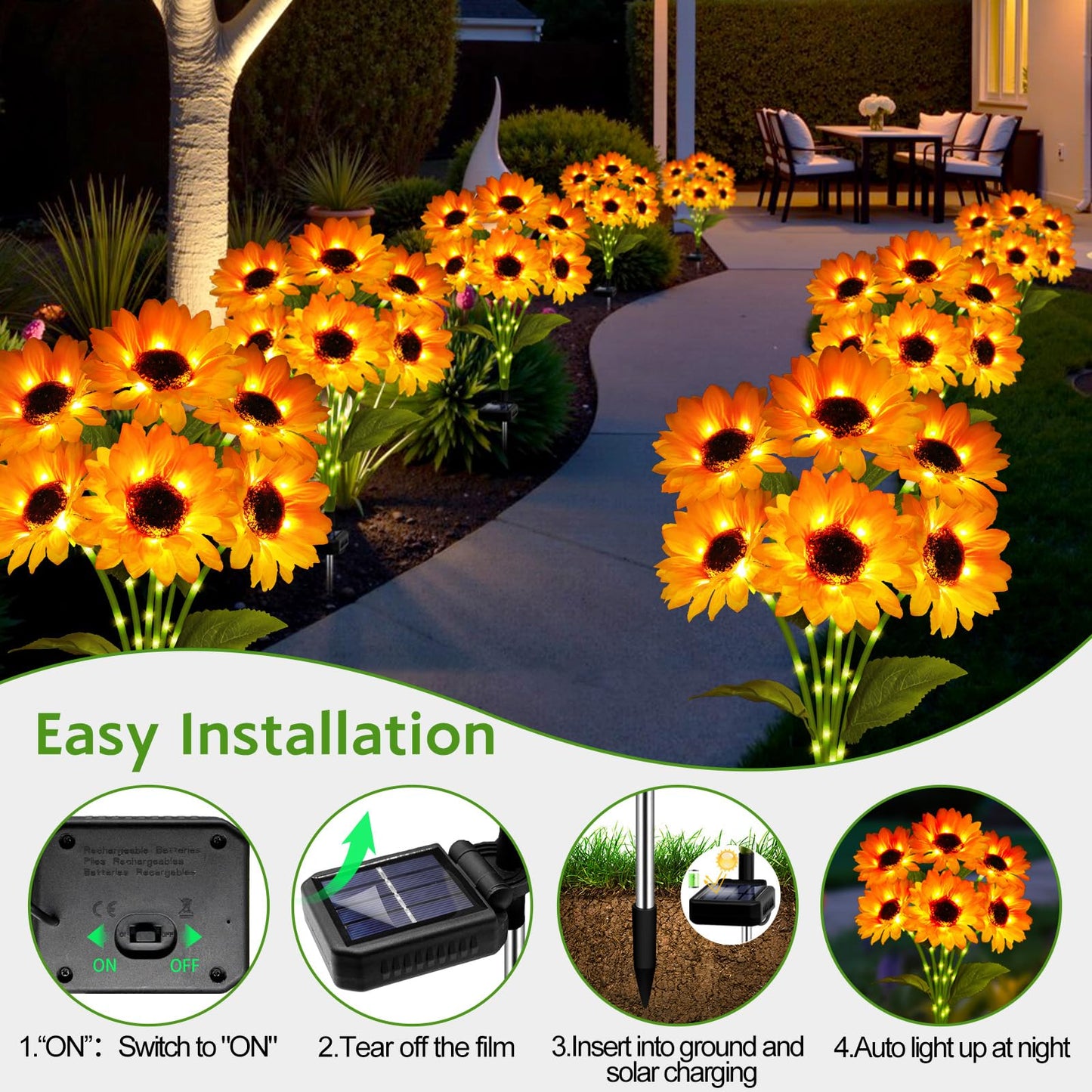 Solar Sunflower Lights Outdoor Garden Decor Solar Flowers Lights With 18 Sunflowers Waterproof Fall Decor Stake Decorative Light Auto On/Off For Garden Yard Patio Backyard Gift For Women (3 Pack)