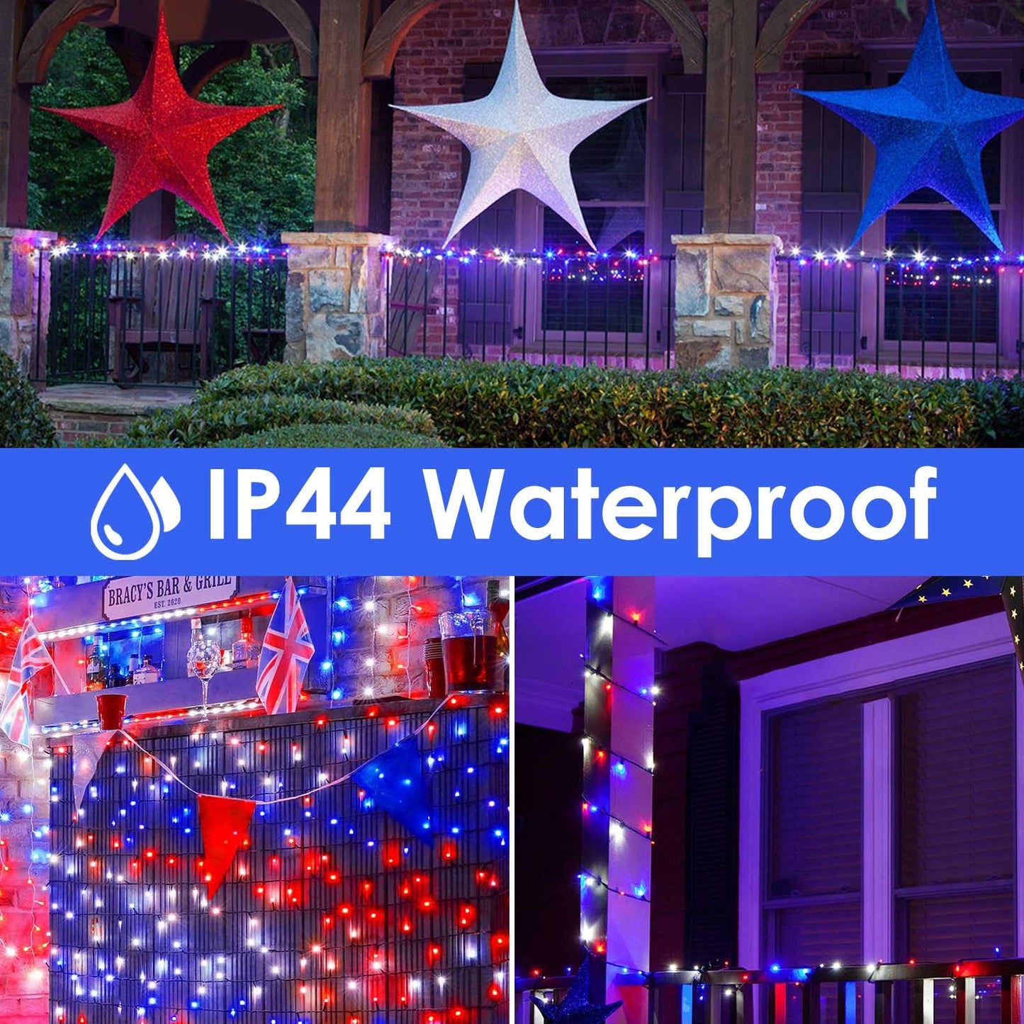 YIQU 200 LED String Lights - Red White Blue, 75.8 FT, Waterproof, Extendable, Indoor Outdoor, Model JT-EL/FC300V0200-C