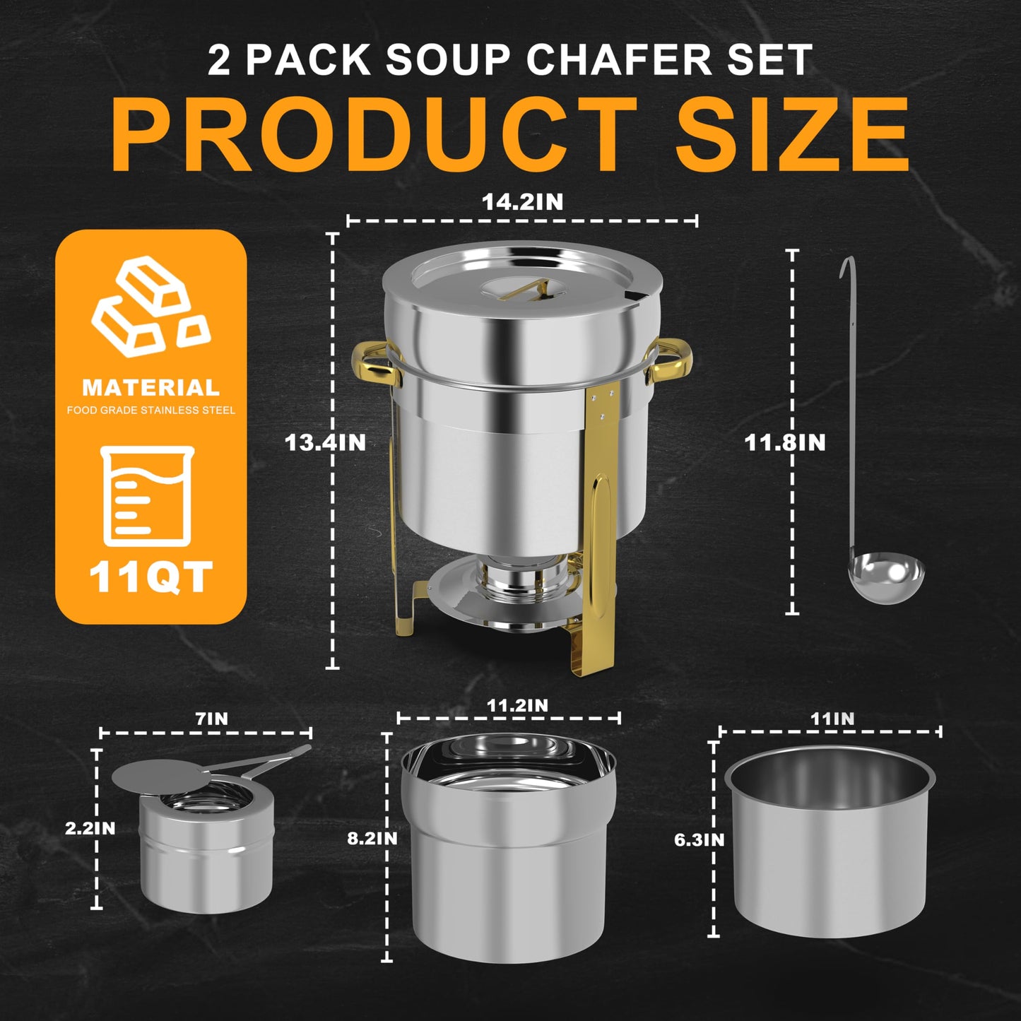 Soup Chafer for Buffet 2 Pack, 11QT Round Soup Warmers Set Stainless Steel Buffet Food Warmer Set for Catering Events Parties Dinners with Complete Set,(Gold and Silver)