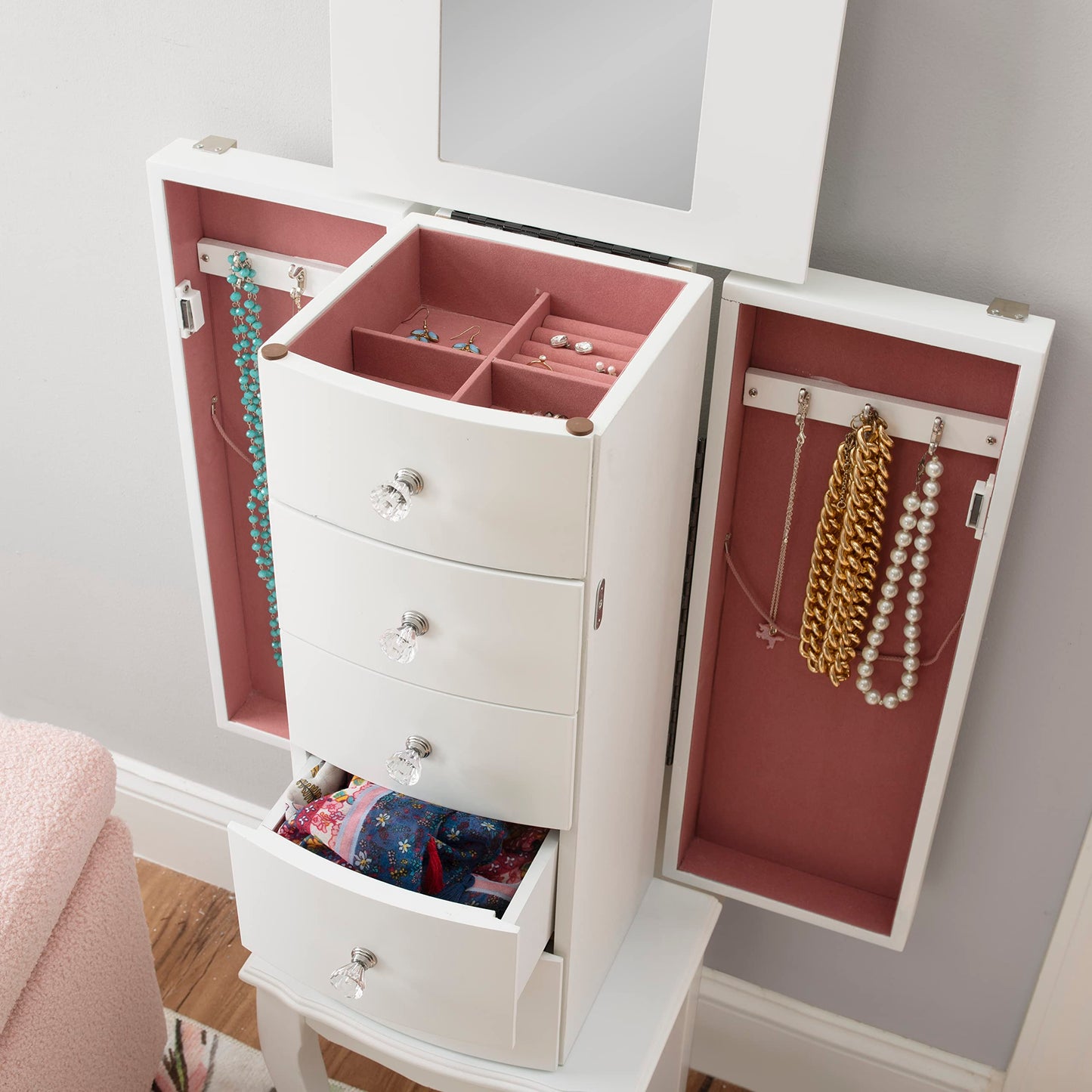 Powell Furniture Jewelry Armoire, White, 13x 9.375x 35.5