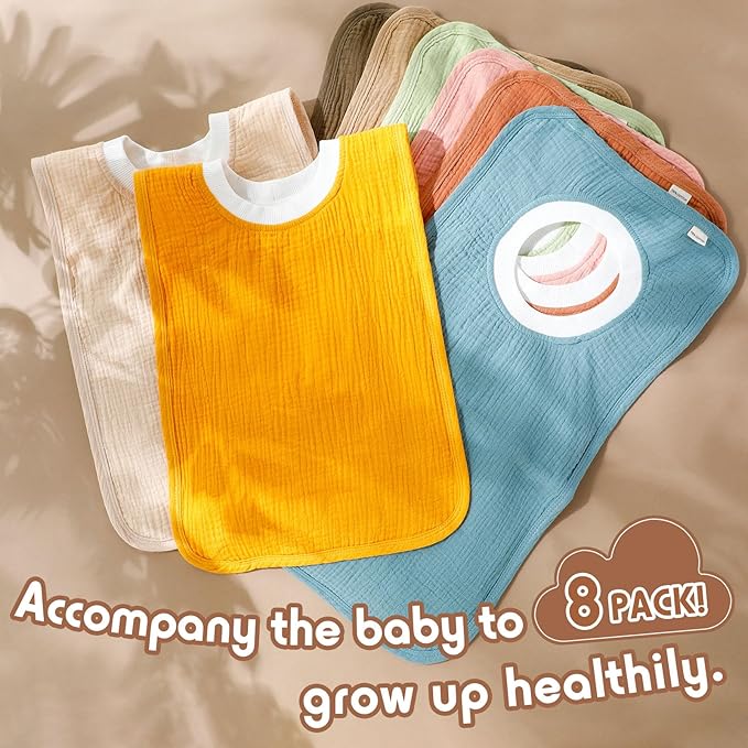 Newwiee 8 Pcs Large Muslin Pullover Baby Bibs Full Coverage Toddler Slip on Absorbent Bib Waterproof Toddler Towel Bibs (Mixed Color)