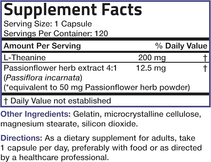 Bronson L-Theanine 200mg (Double-Strength) with Passion Flower Herb, Non-GMO Gluten-Free Soy-Free Stress Management Supplement, 120 Capsules