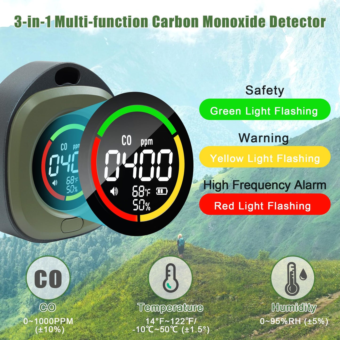 ASIEIT Portable Carbon Monoxide Detectors, 3-in-1 Travel CO Detector, Rechargeable CO Monitor 120HR Standby, CO Alarm Temp/Hum Sensor, for Camping, Hotel, RV - UL 2034 & FCC Certification