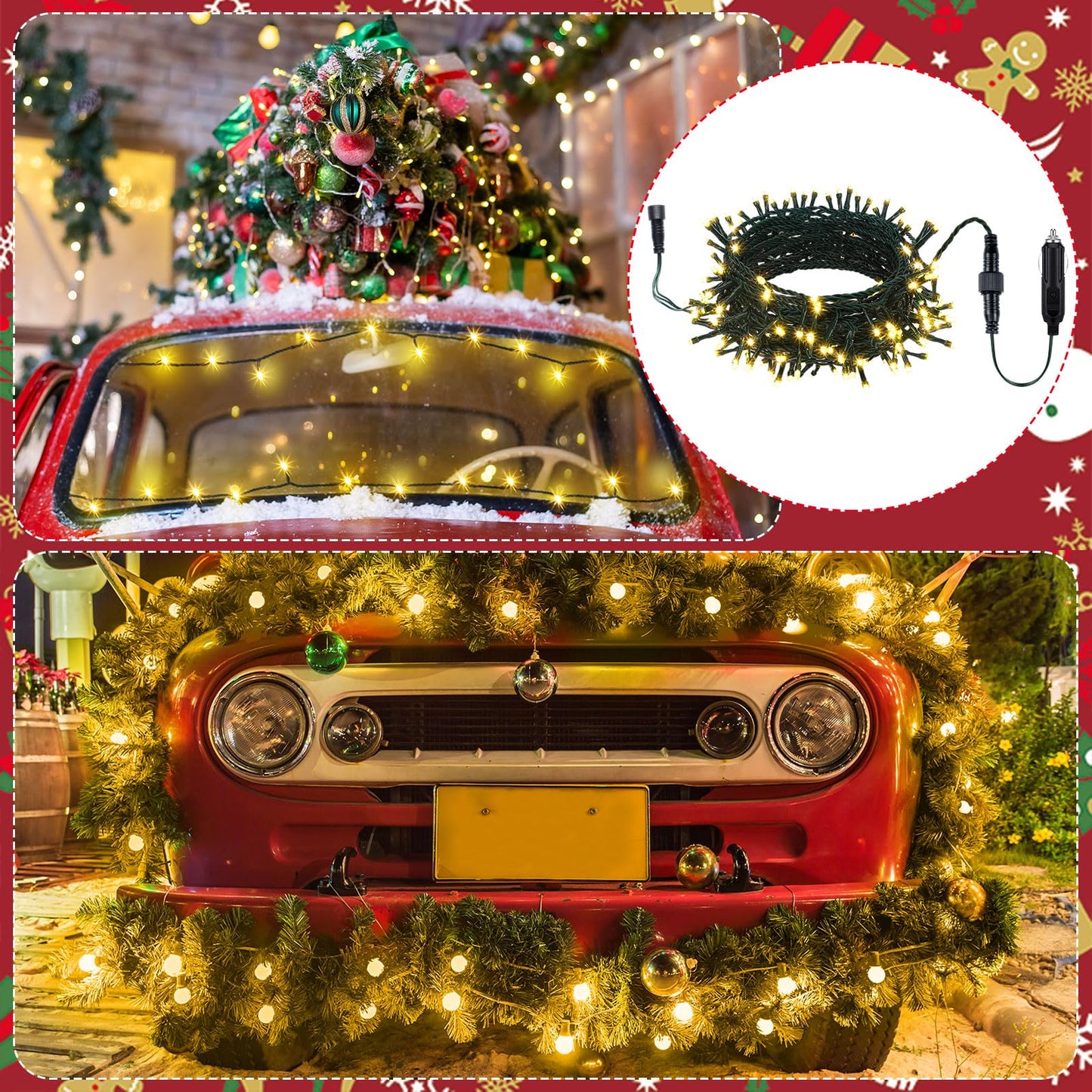 Aurelema 12V Christmas 32 Ft Car Led String Light Golf Cart Decorations Warm Yellow Light String Waterproof Atmosphere Lighting Kits For Christmas Car Accessories