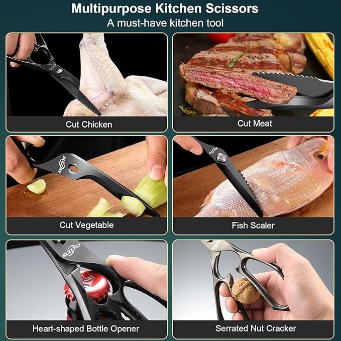 Kitchen Scissors for Food,Premium Kitchen Shears Heavy Duty,8.8″Ultra Sharp Meat Scissors Detachable Blade,All Steel Poultry Shears Black Titanium Plated,Anti-Slip Cooking Scissor All Purpose