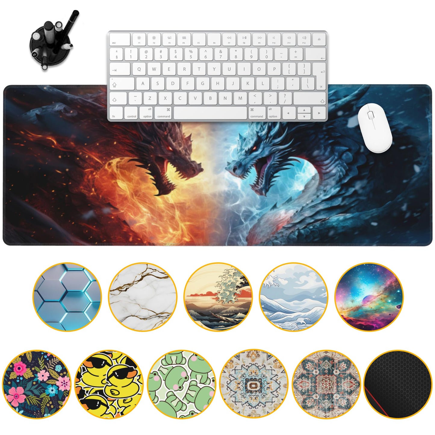 Uiaoiais Desk Pad,Japanesev Anime Fire Ice Dragons Mouse Pad,31.5"X15.7" Extended Gaming Mouse Pad Mat with Stitched Edge Non-Slip Base Big Desk Mat for Office Keyboard Laptop
