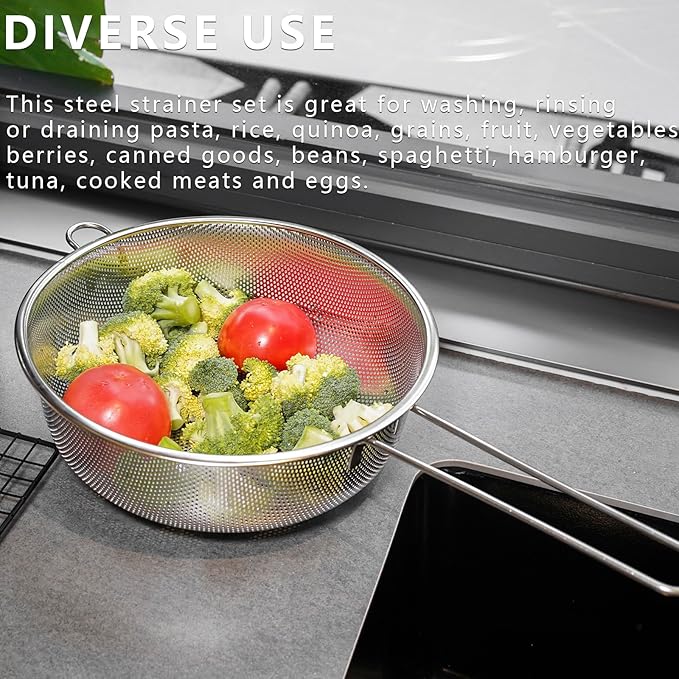 Metal Fine Mesh Strainer and Colander for Kitchen with Handle, Stainless Steel Pasta Strainer/Kitchen Funnel/Collander/Sifter for Strain/Wash Vegetables, Fruits, Spaghetti, Rice (10.2")