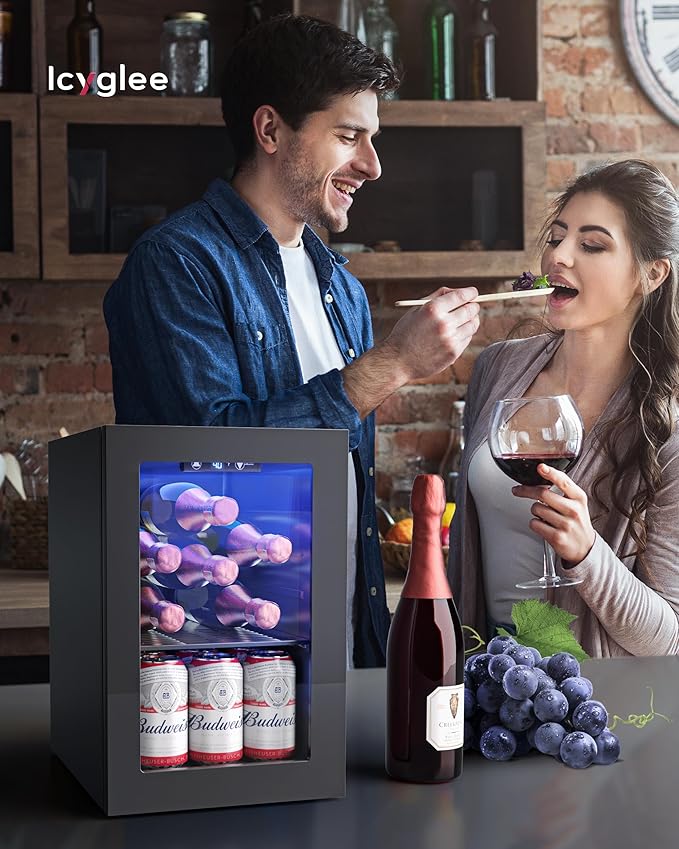 6 Bottles and 6 Cans Compact Beverage Refrigerator, Freestanding Mini Fridge with Temperature Control for Beer Wine, Under Counter Small Refrigerator Adjustable Shelve for Home and Bar