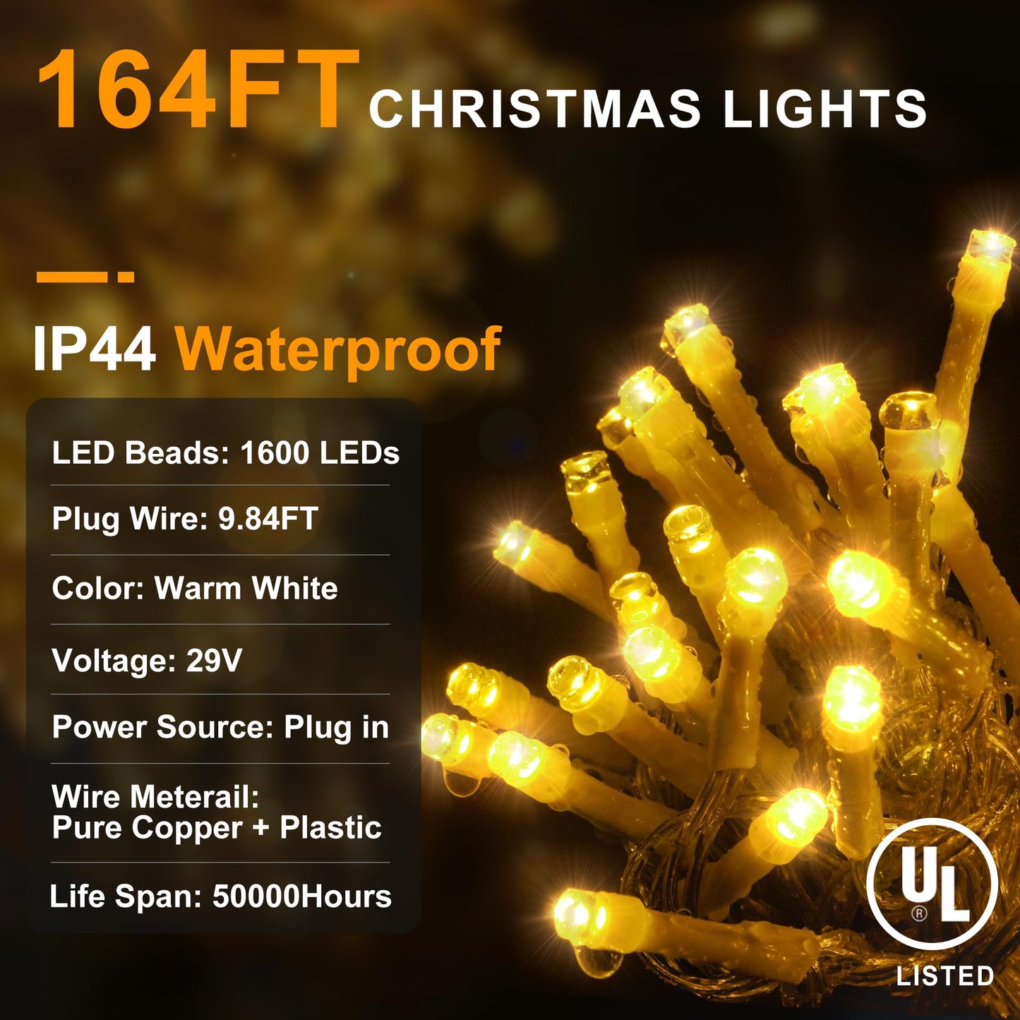 KNONEW LED Christmas Lights Outdoor 164FT 1600LED Warm White Waterproof Plug-in with Timer 8 Modes Model KN-1000-LIG168-01