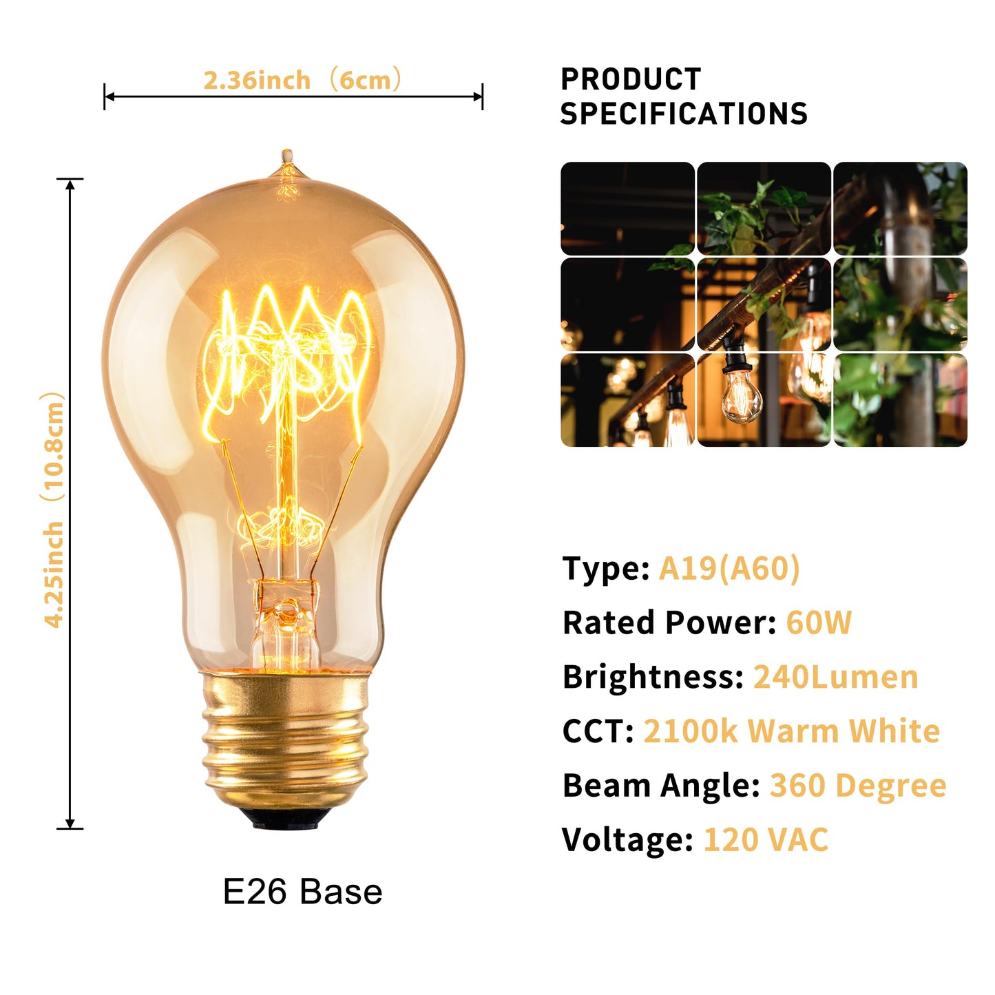 runquiz Warm Incandescent Light Bulbs 60 Watt,A19/A60 Vintage Style Edison Bulbs E26,Soft Yellow Light Bulbs,Amber Bulbs,Retro Light Bulb Old Fashioned,Halogen Dimmable Edison Bulb Squirrel Cage