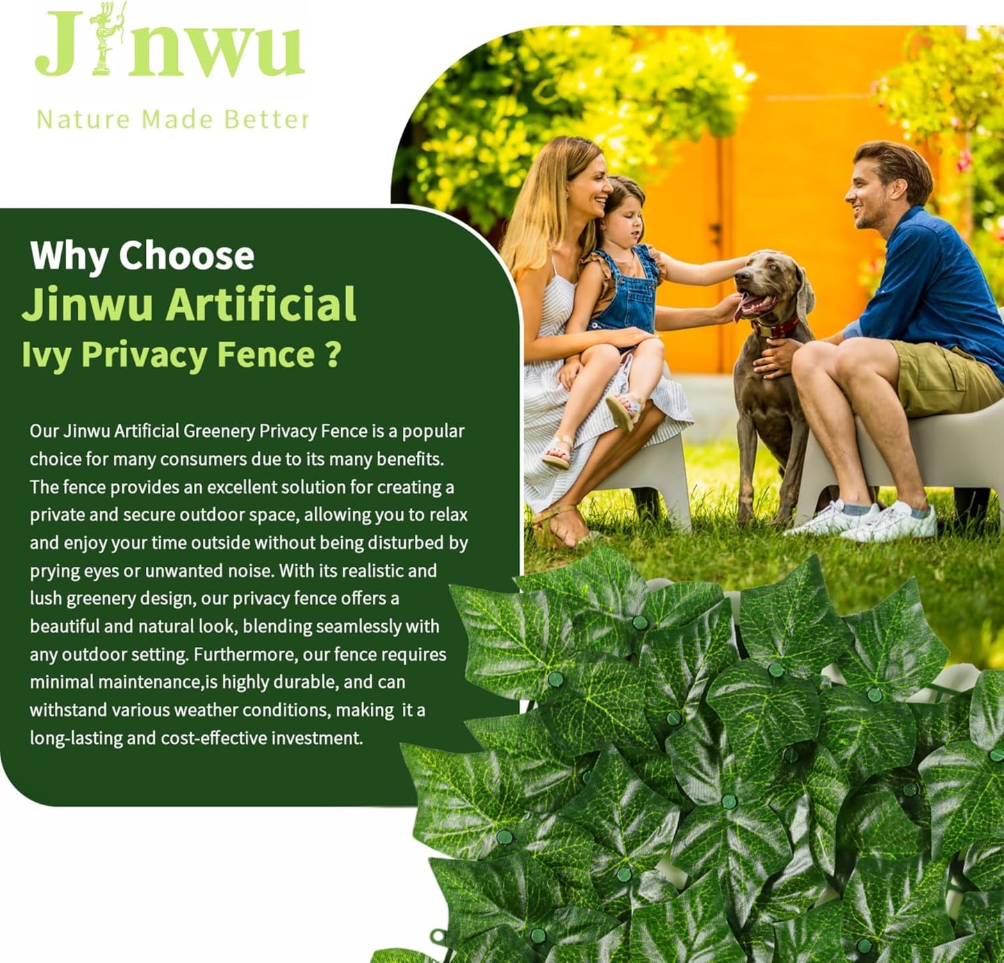 Jinwu Artificial Ivy Privacy Fence Screen, 39.4x118 in Artificial Faux Ivy Hedge, Expandable Faux Privacy Fence with 80 pcs Zip Ties, Decoration for Outdoor Garden, Color Printing Sweet Potato Leaves
