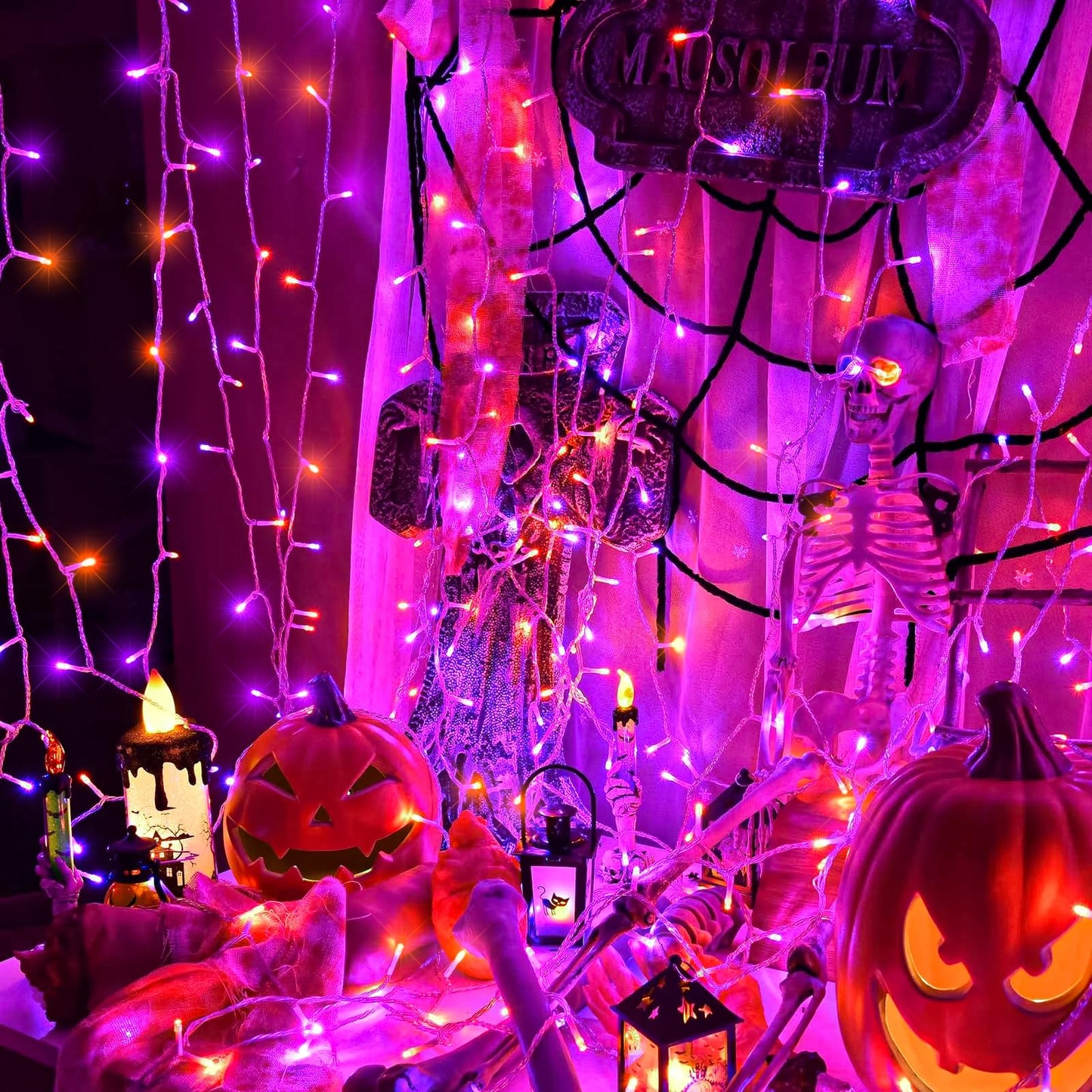 Nielfoi 66Ft 200 Led Christmas Lights Outdoor Orange & Purple Christmas String Lights Indoor Waterproof With 8 Modes Connectable Clear Wire Twinkle Fairy Lights For Indoor Home Xmas Garden Decor