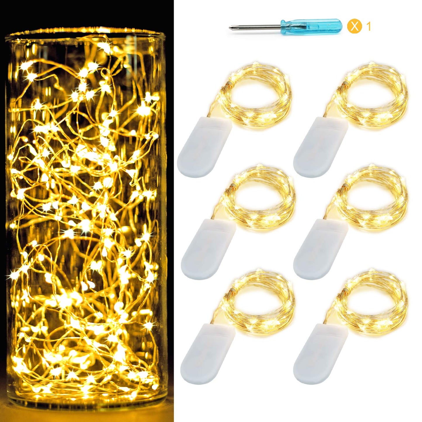 Oakhaomie 7Ft Waterproof Starry String Lights, 6 Pack, Warm White, Copper Wire, 20 Micro Leds, Model Hm001