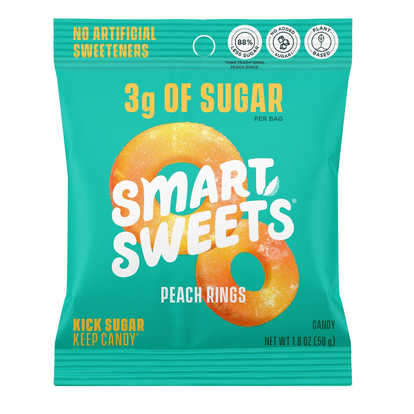 SmartSweets Peach Rings, Candy With Low Sugar 3g, Low Calorie 100, Net Carb 10, Plant Based, Gluten Free, No Artifical Colors or