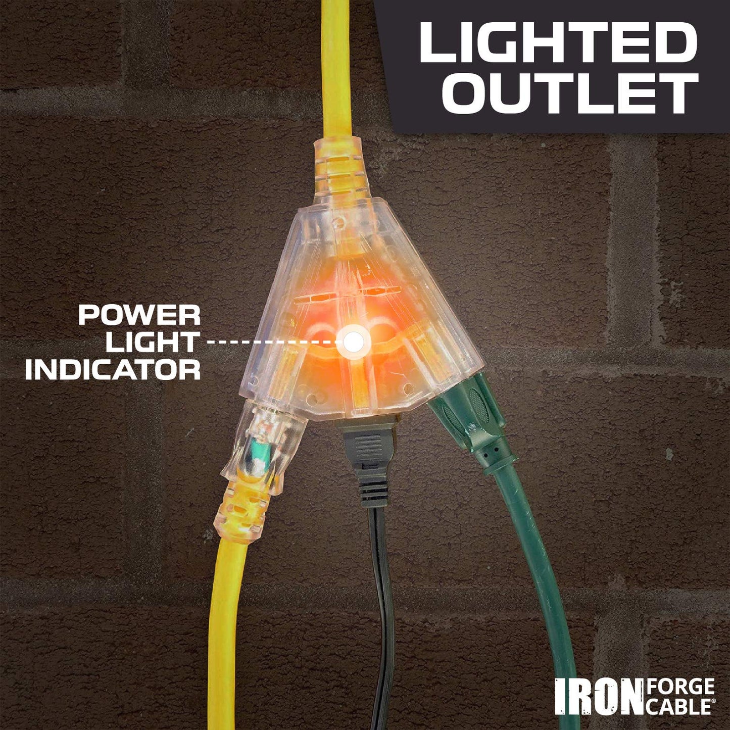 Iron Forge Cable 2 Foot Lighted Outdoor Extension Cord With 3 Outlets - 12/3 Sjtw Heavy Duty Yellow Extension Cable 3 Prong - Mu
