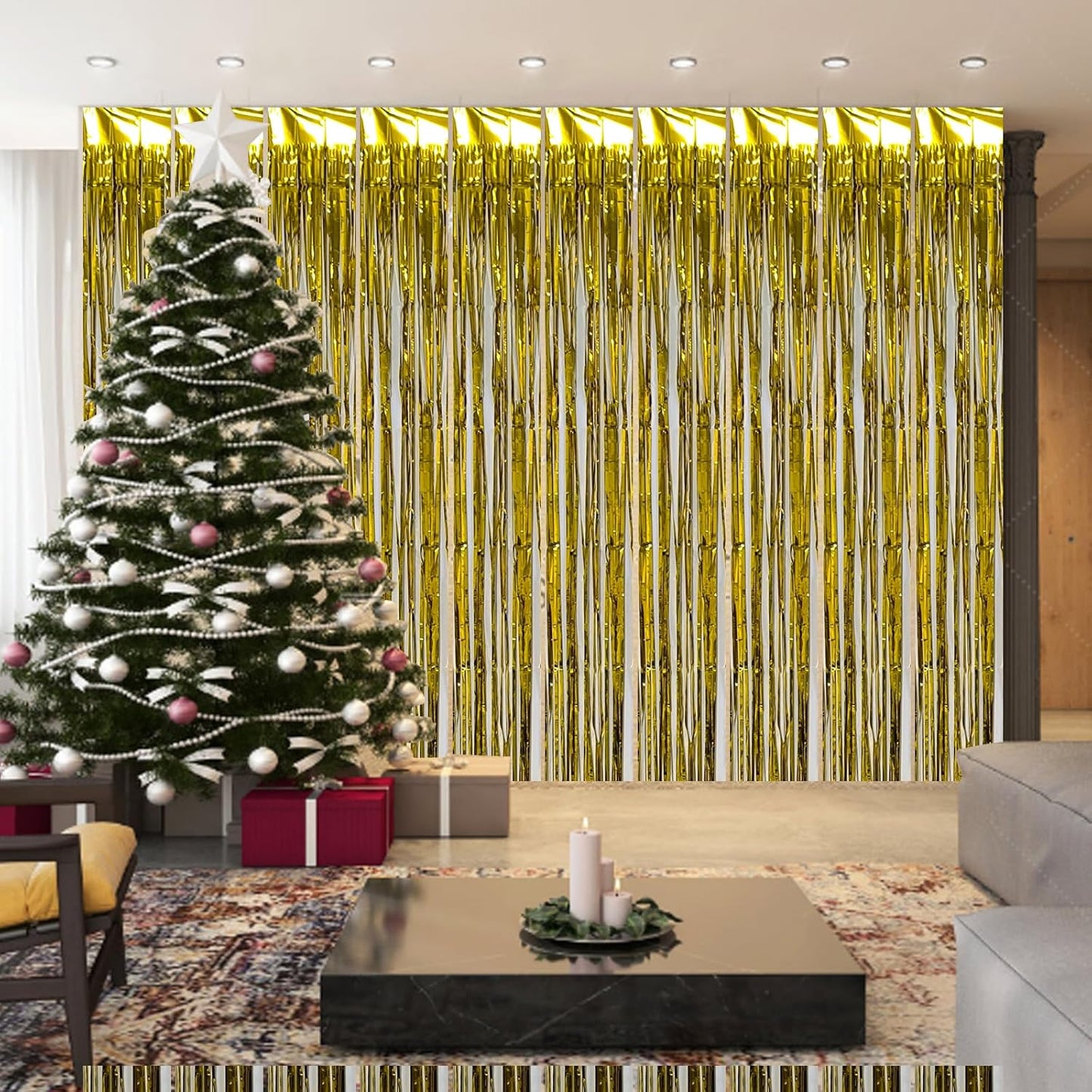 5 Pck Golden Foil Curtain Backdrop Metallic Tinsel Foil Fringe Curtains Photo Booth Props for Birthday Wedding Engagement Bachelorette Christmas Holiday Celebration Party Decorations Supplies