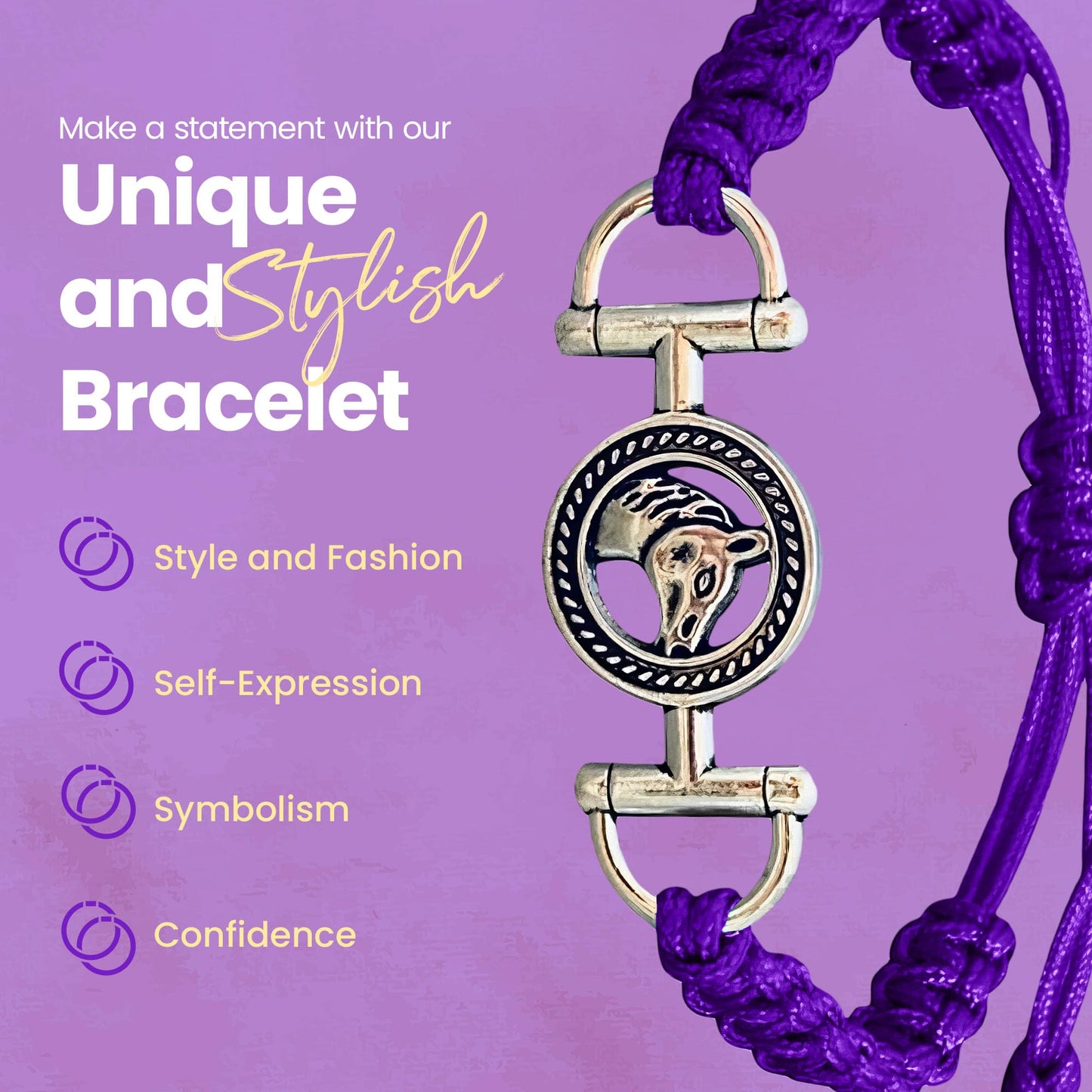Sportybella Horse Bracelet - Purple Adjustable Rope Bracelet with Horse Bit Charm - Equestrian Jewelry, Gifts for Horse Lovers,
