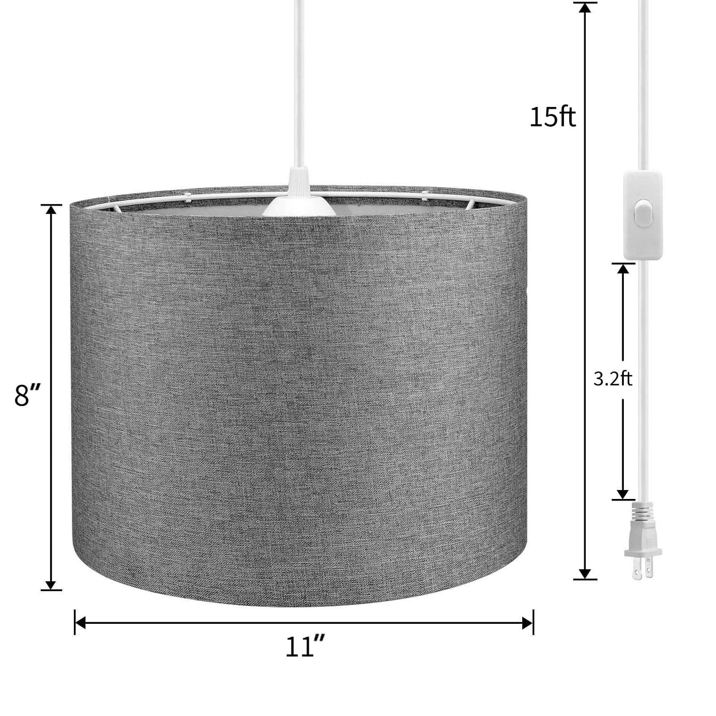 Kuaugst Plug-In Pendant Light, 15 Ft Hanging Lamp With Fabric Shade, On/Off Switch, Gray
