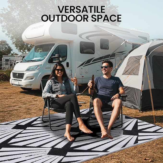Outdoor Rug for Patio, 9x12 Ft Reversible Outdoor Plastic Straw Rug Waterproof Foldable Camping Mat with Uv Protection, Quick-Dry Straw Patio Carpet for Deck Rv Porch Backyard - Black & White