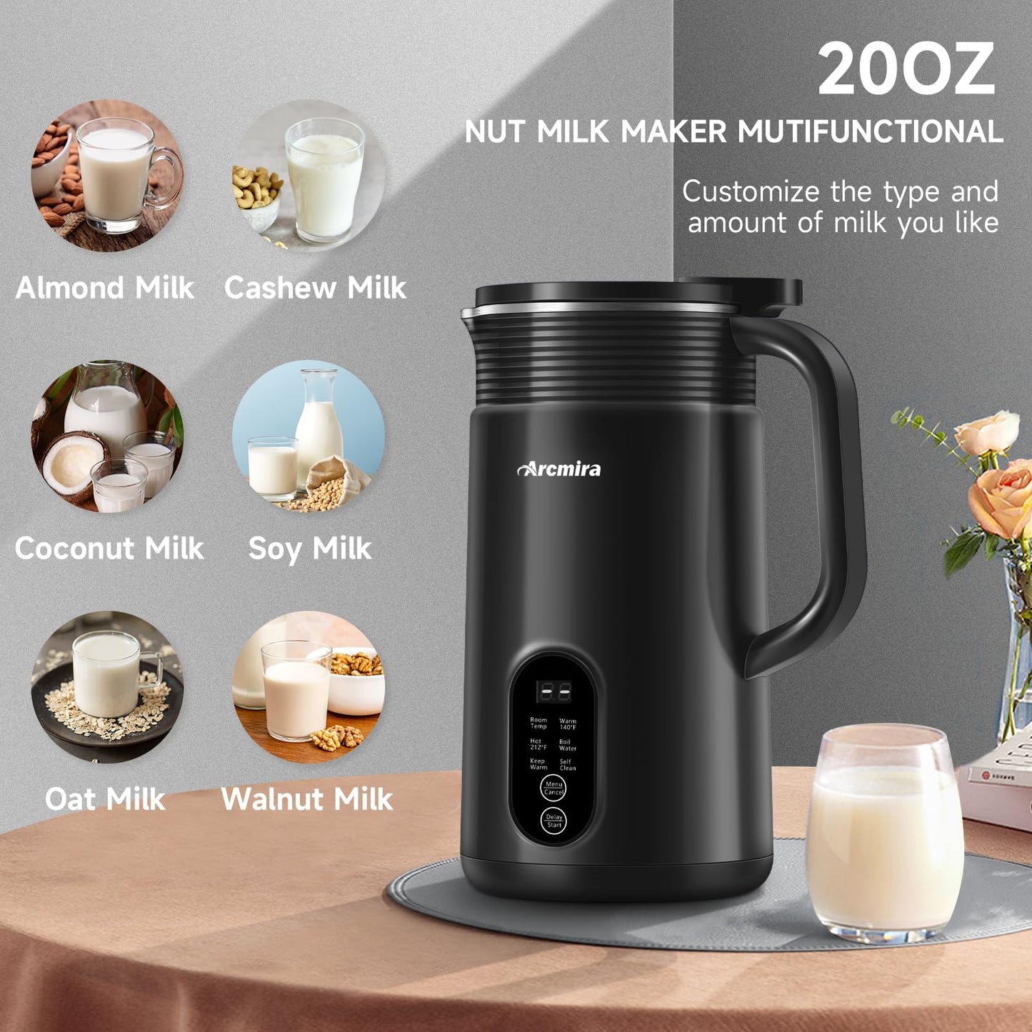 π² πΆπ» π Nut Milk Maker Machine, 20 oz(600ml) Homemade Almond, Soy, Oat, Plant-Based and Non-Dairy Beverages, Almond Miilk Makerr, Delay Start/Boil Water/Keep Warm, Soy Milk Machine, Nut Milk Bag