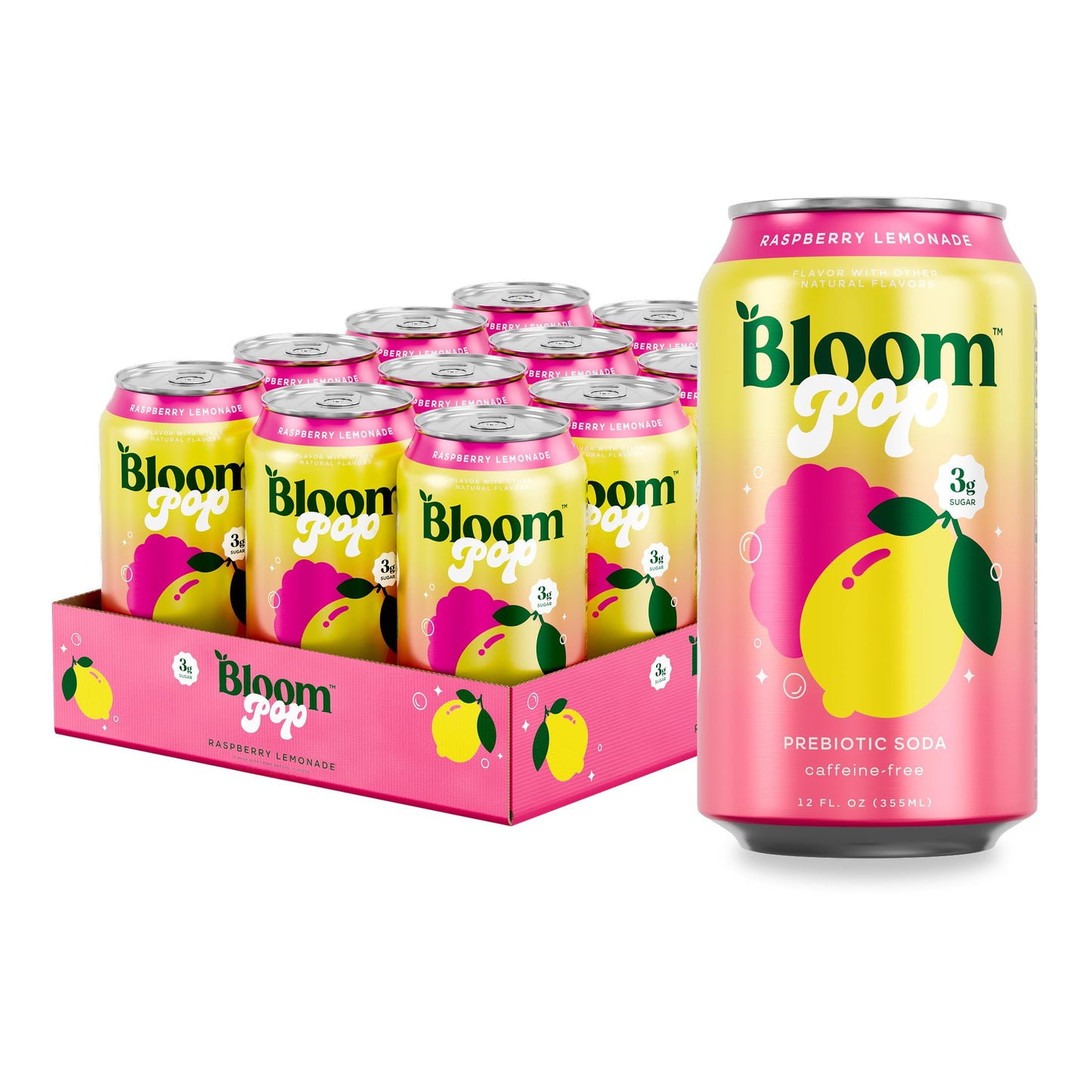 Bloom Pop Prebiotic Soda 12 Pack Raspberry Lemonade Flavor 12oz Cans | Prebiotic Soda for Gut Health Low Calorie Soda No Caffeine Healthy Soft Drink Alternative