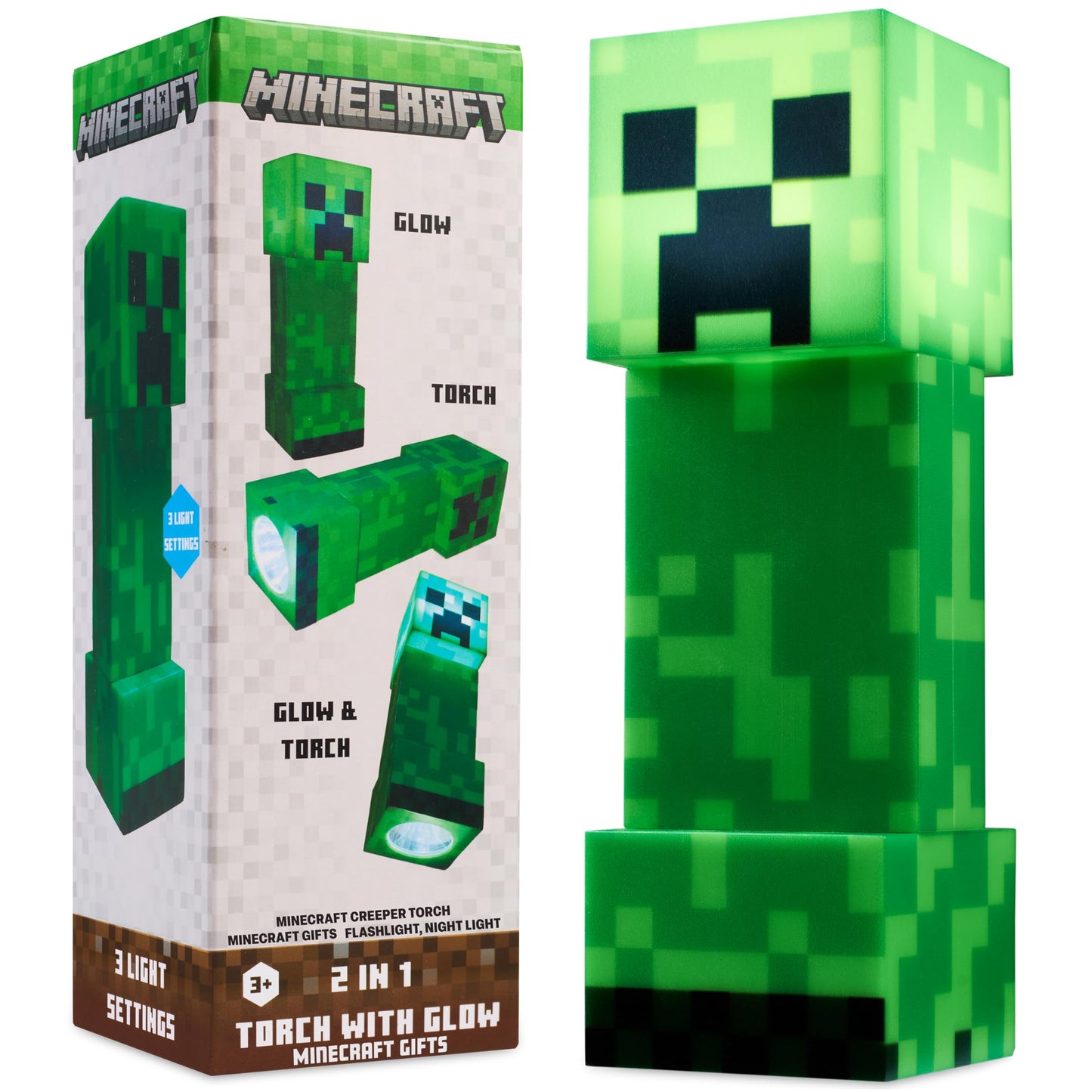Minecraft Creeper Torch Night Light for Kids, 2-in-1 Flashlight and Lamp with USB and Battery Power, Bedroom Decor, Desk Light,