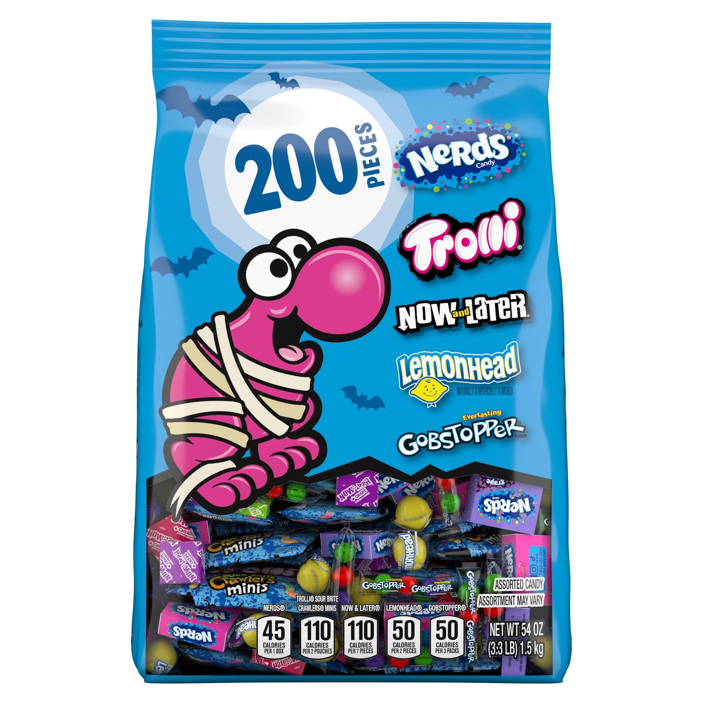 Halloween Candy Classic Fun Trick-or-Treat Variety Bag NERDS Original Trolli Now and Later Lemonhead and Gobstopper 200 Pieces 54 Ounces