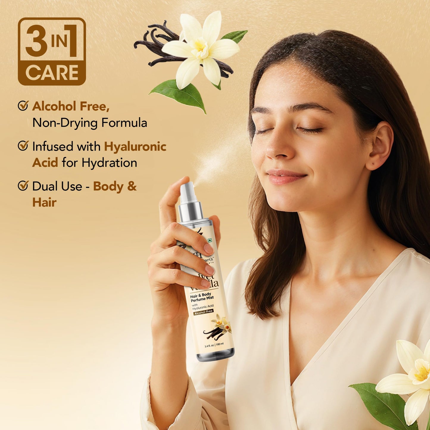 Botanic Hearth Velvet Vanilla Hair & Body Perfume Mist with Hyaluronic Acid, Alcohol-Free Formula, Long Lasting Fresh Vanilla Scent, Lightweight Body Spray for Women & Men, 3.4 fl oz / 100 ml