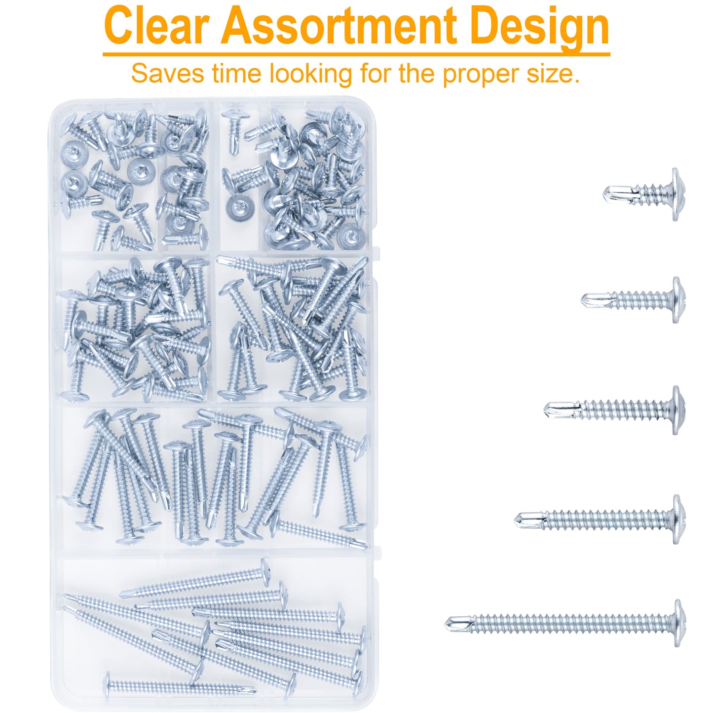KURUI Self Tapping Screws Assortment Kit, #8 sheet metal screws for Metal Wood & plastic, 125Pcs Galvanized Phillips Truss Head Self Drilling Screws in 5 Sizes (1/2, 3/4, 1-1/4, 1in, 2in)